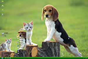  草地树杆上的猫与狗高清动物xp主题 