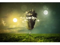  太阳 月球 景观 神秘 云 夜 女孩 城堡 创意艺术 5K设计图片 
